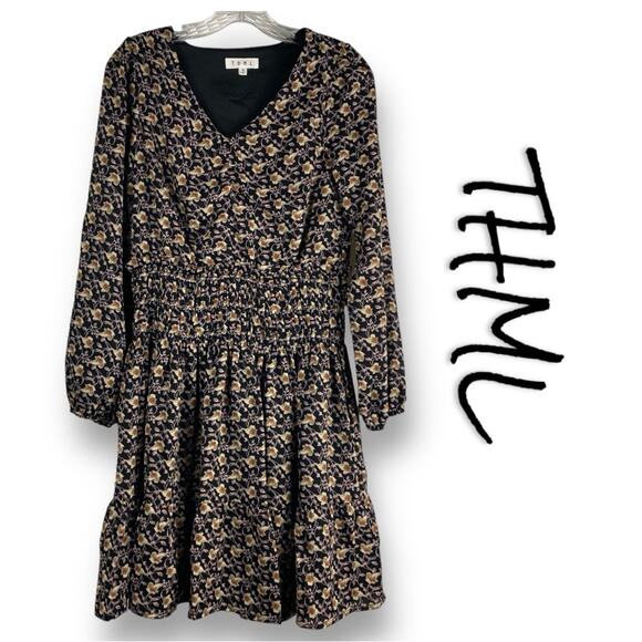 THML Dresses & Skirts - THML Floral Smocked Waist Black Dress Womens Size XS